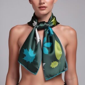 Vera Neumann Silk Scarf Forest Green Botanical Leaf Ladybug Square 26x26